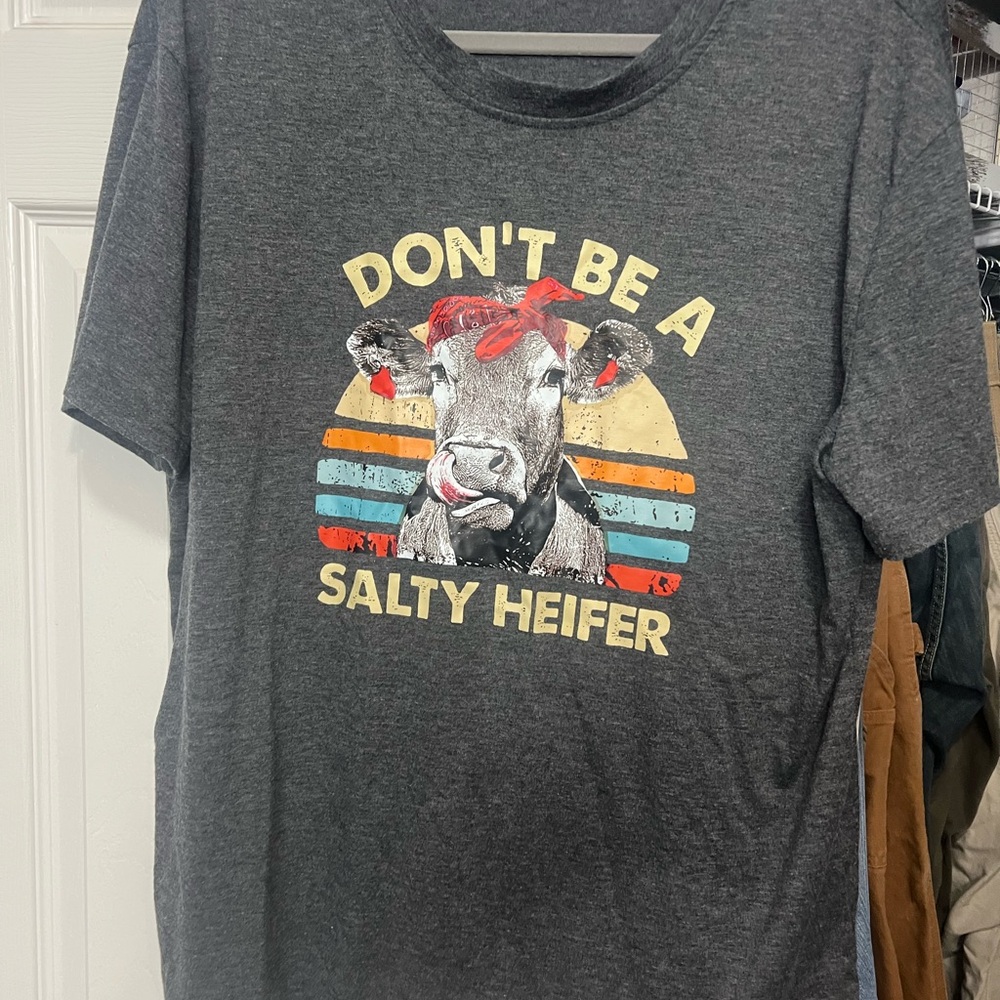 Gray Graphic Tee with Cow Print